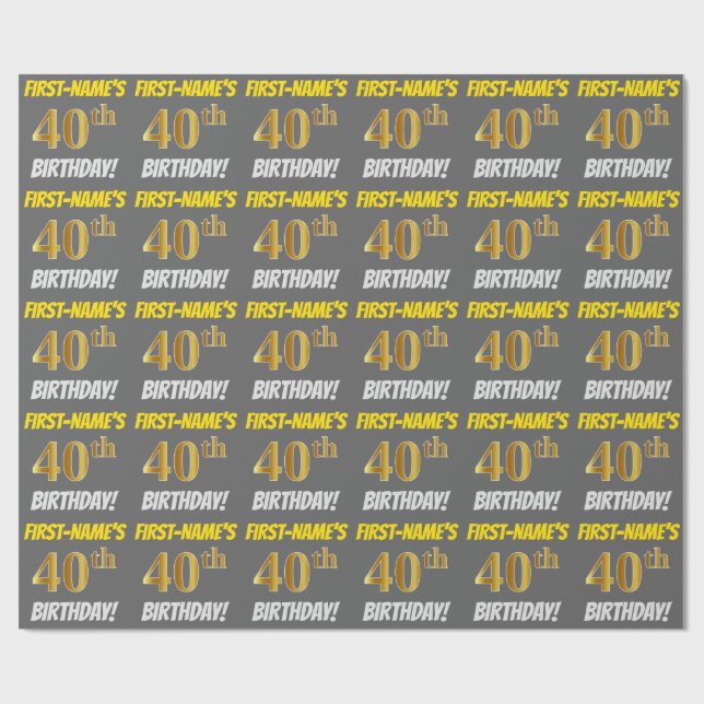 Grey, Faux/Imitation Gold, "40th BIRTHDAY" Wrapping Paper (Flat)