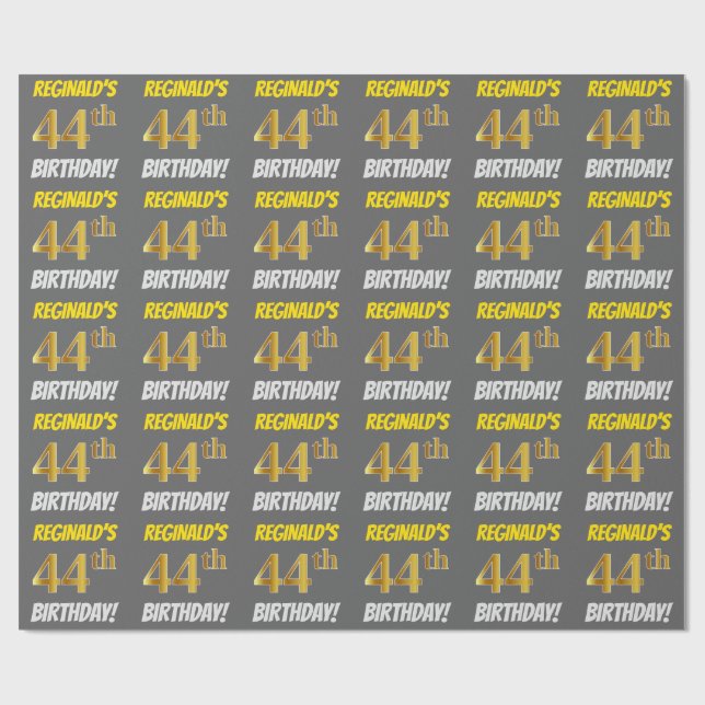 Grey, Faux/Imitation Gold, "44th BIRTHDAY" Wrapping Paper (Flat)