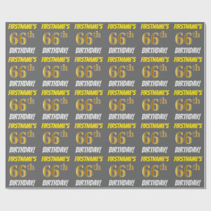 Grey, Faux/Imitation Gold, "66th BIRTHDAY" Wrapping Paper