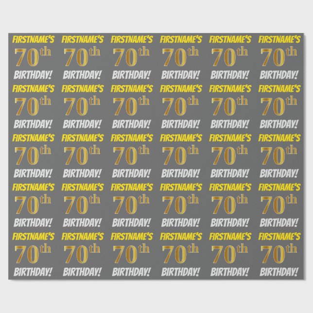 Grey, Faux/Imitation Gold, "70th BIRTHDAY" Wrapping Paper (Flat)