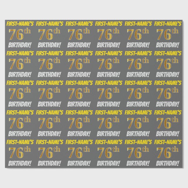 Grey, Faux/Imitation Gold, "76th BIRTHDAY" Wrapping Paper (Flat)