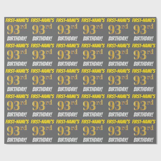 Grey, Faux/Imitation Gold, "93rd BIRTHDAY" Wrapping Paper (Flat)