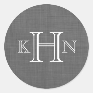 Grey Faux Linen Custom Monogram Round Sticker