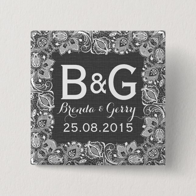 Grey Faux Linen & White Floral Lace Frame 15 Cm Square Badge (Front)