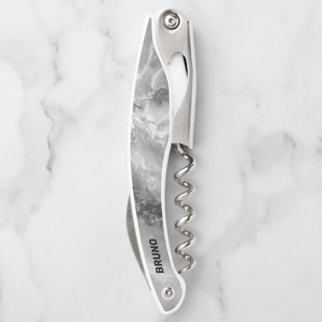 Grey Faux Marble Monogram Waiter's Corkscrew (Back)