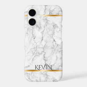 Grey Faux Marble Texture Gold Accent Monogram
