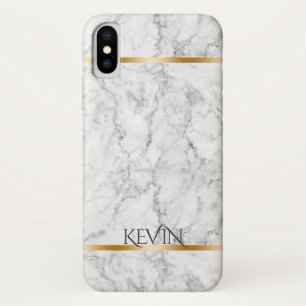 Grey Faux Marble Texture Gold Accent Monogram iPhone X Case