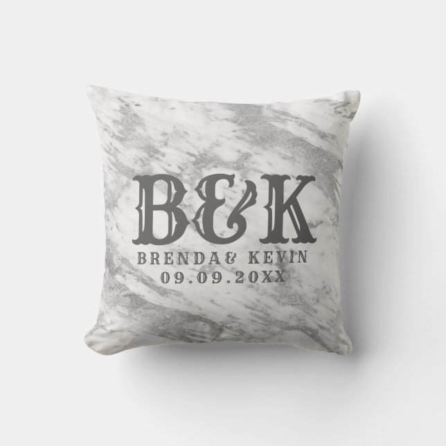 Grey Faux Marble Wedding Monograms Cushion (Front)