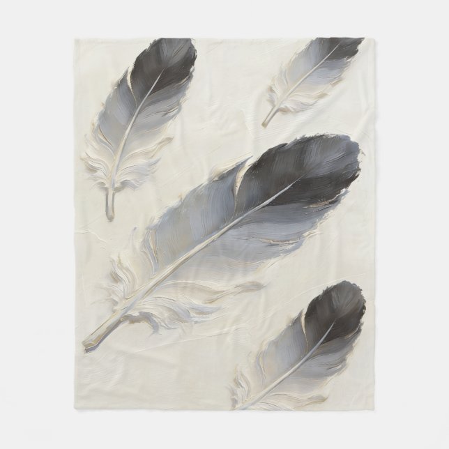 Grey Feather Soft Aesthetic Modern Boho Fleece Blanket (Front)