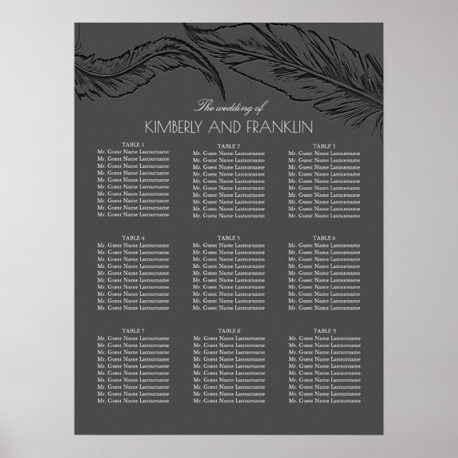 Grey Feathers Elegant Chic Wedding Seating Charts (Front)