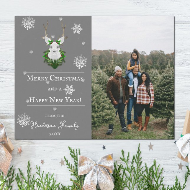 Grey Festive Reindeer Holiday Photo Card (Gray Festive Reindeer Holiday Photo Card)