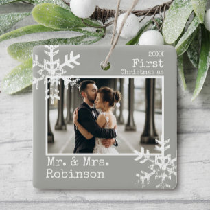 Grey First Christmas Married Photo Snowflake Ceramic Ornament