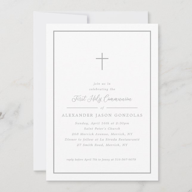 Grey First Holy Communion Pink Cross Simple Frame Invitation (Front)