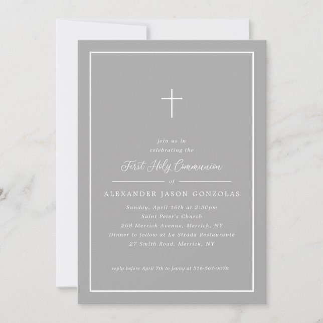 Grey First Holy Communion Pink Cross Simple Frame Invitation (Front)