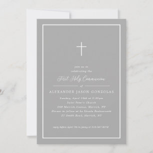 Grey First Holy Communion Pink Cross Simple Frame Invitation