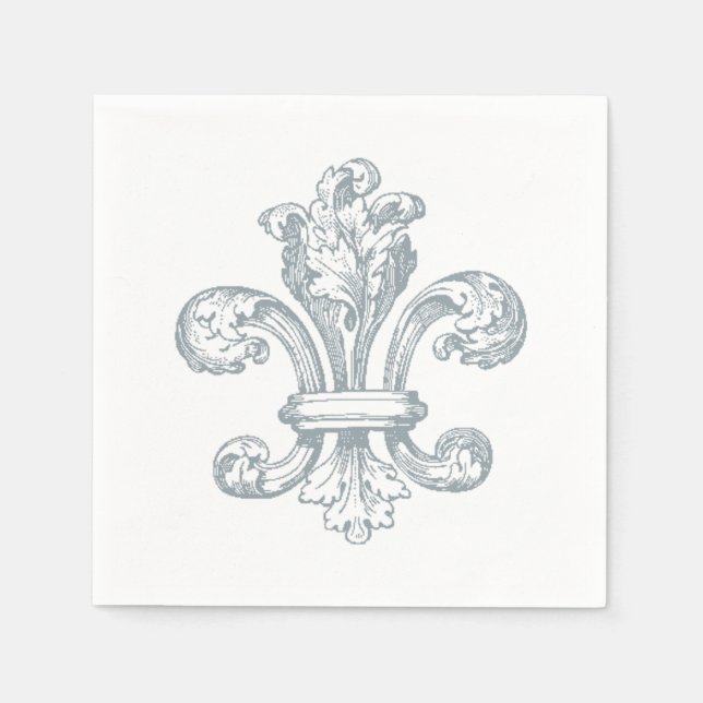 Grey Fleur de Lis on white background paper napkin (Front)