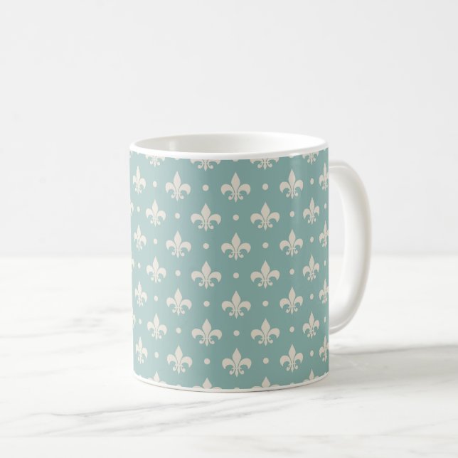 Grey Fleur De Lis pattern on turquoise background Coffee Mug (Front Right)