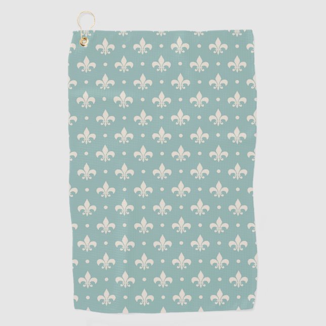 Grey Fleur De Lis pattern on turquoise background Golf Towel (Front)