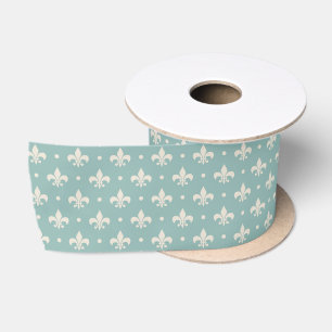 Grey Fleur De Lis pattern on turquoise background Satin Ribbon