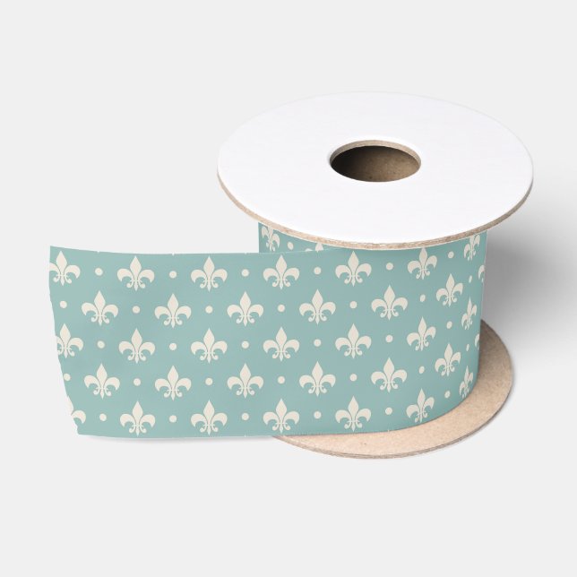Grey Fleur De Lis pattern on turquoise background Satin Ribbon (Spool)