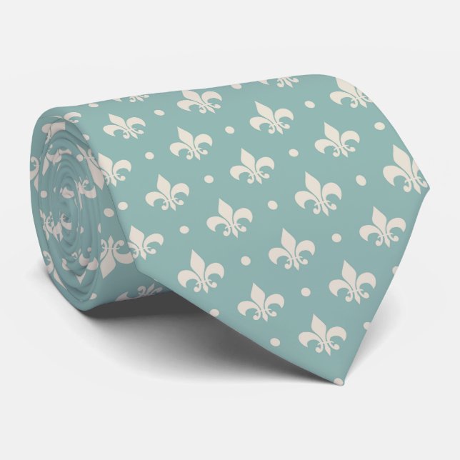 Grey Fleur De Lis pattern on turquoise background Tie (Rolled)