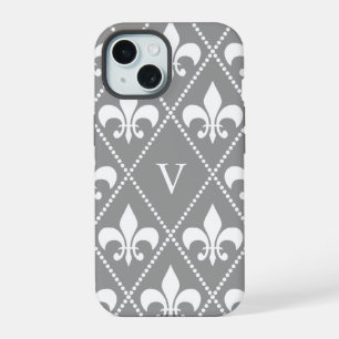 Grey Fleur de Lis w/ monogram iPhone 15 Case