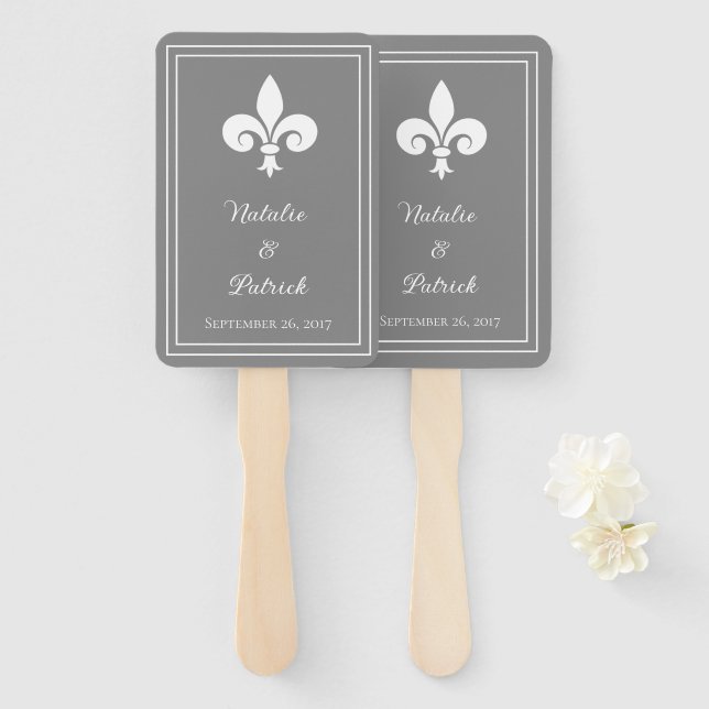 Grey Fleur de Lis Wedding Hand Fans (Front and Back)