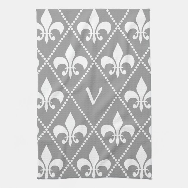 Grey Fleur de Lis with monogram initial Tea Towel (Vertical)