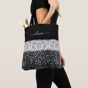 Grey Floral and Leopard Pattern Tote Bag