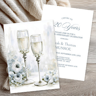Grey Floral Champagne Glasses 20th Anniversary Invitation