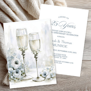 Grey Floral Champagne Glasses 25th Anniversary Invitation