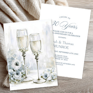 Grey Floral Champagne Glasses 30th Anniversary Invitation