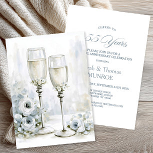 Grey Floral Champagne Glasses 55th Anniversary Invitation