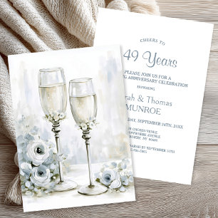 Grey Floral Champagne Glasses Wedding Anniversary Invitation
