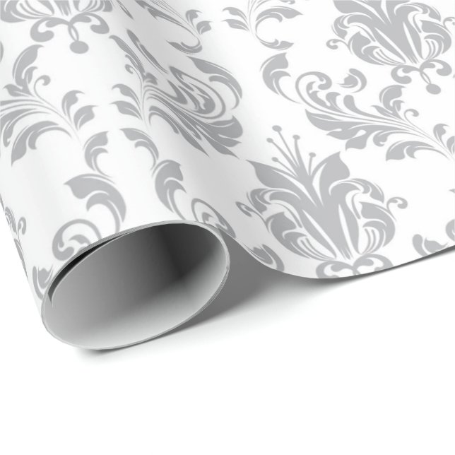 Grey Floral Damask Delicate Royal Bridal Wedding Wrapping Paper (Roll Corner)