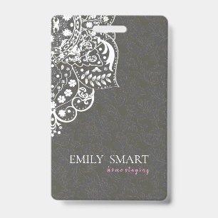 Grey Floral Damasks White Lace ID Badge