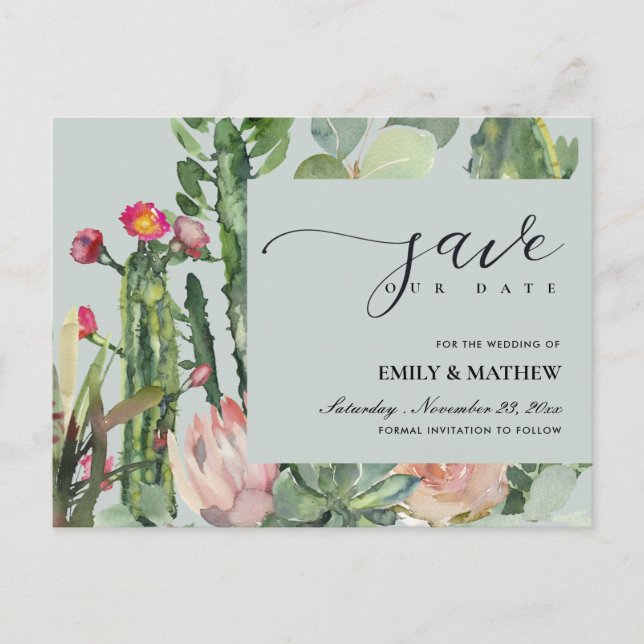 GREY FLORAL DESERT CACTI FOLIAGE SAVE THE DATE ANNOUNCEMENT POSTCARD (Front)