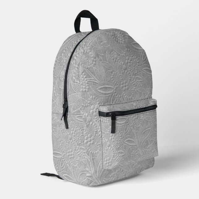 Grey Floral Embossed Look Printed Backpack (Back Corner Left)