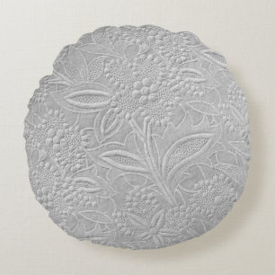 Grey Floral Embossed Look Round Cushion