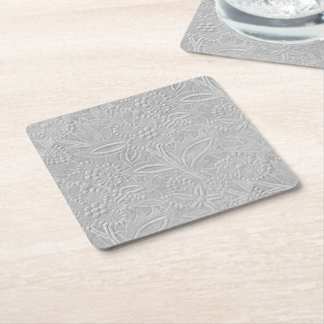 Grey Floral Embossed Look Square Paper Coaster (Angled)
