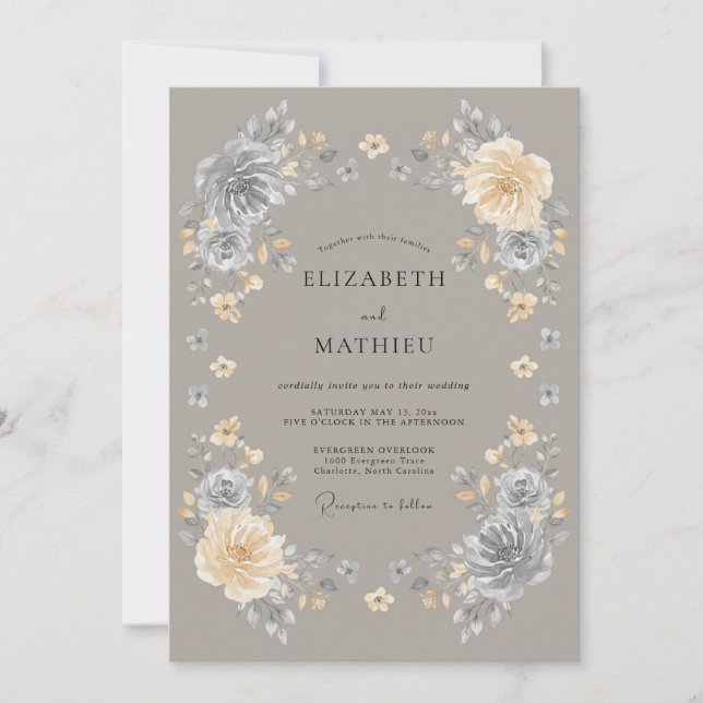 Grey Floral Enchanted Wedding Invitation (Front)