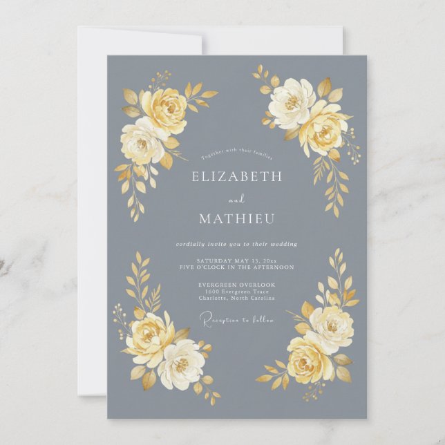Grey Floral Golden Bloom Wedding Invitation (Front)