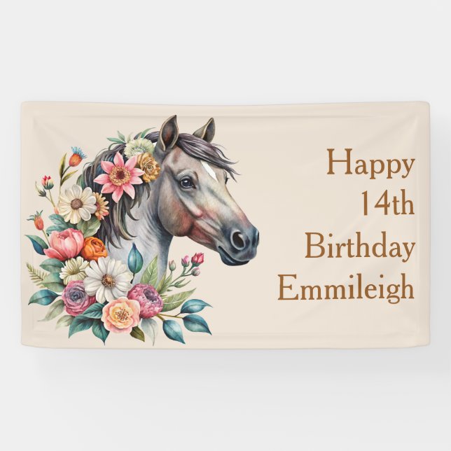 Grey Floral Horse Teen Girl Birthday Banner (Horizontal)
