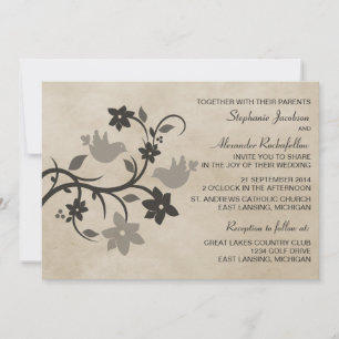Grey Floral Lovebirds Wedding Invitation