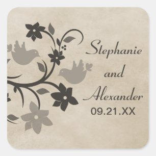 Grey Floral Lovebirds Wedding Stickers