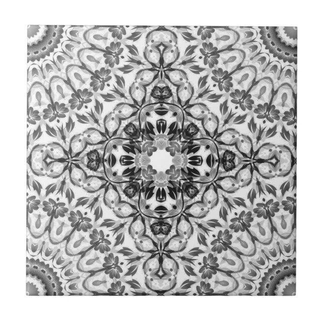Grey Floral Mandala Geometric Tile (Front)