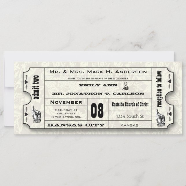 Grey Floral Modern Typography Ticket Wedding Invitation (Front)
