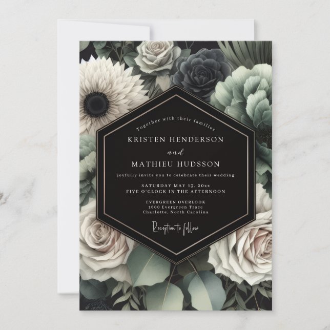 Grey Floral Moody Romance Wedding Invitation (Front)