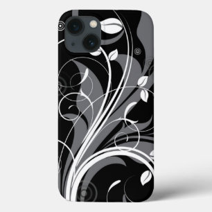 Grey Floral Pattern on Black iPhone 13 Case