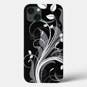 Grey Floral Pattern on Black iPhone 13 Case